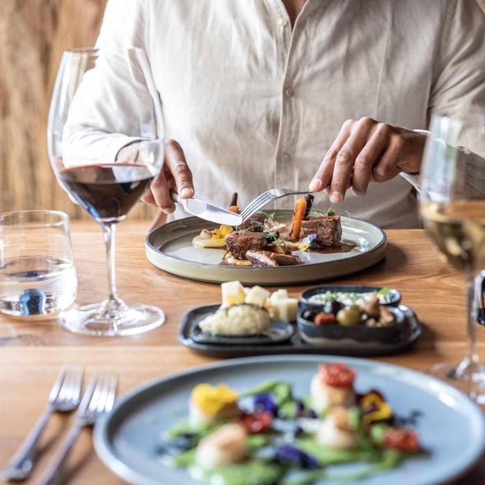 Person dining with wine and multiple dishes